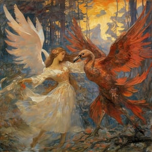 weird bewildering beautiful russian fairy tale, Firebird dances with the Swan Maiden, painting of folklore subjects, thieves heroes kings peasants beautiful-damsels terrifying-witches enchanted-children crafty-animals, epic cinematic light, bold oil-paint brush strokes, style by Mikhail Vrubel and Viktor Vasnetsov