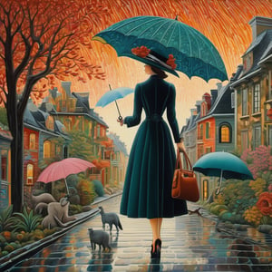 An elegant woman in a hat with an umbrella and a handbag, colored rain and a strange city with skewed colored houses and strange animals and creatures roaming the city street , surreal intricate details, sharp focus, intricate details, highly detailed, flat lighting, Gouache on smoothe board,  style by Henri Rousseau