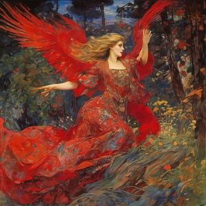 weird bewildering beautiful russian fairy tale, aluring  Firebird, flowing revealing crimson-red gown, painting of folklore subjects, thieves heroes kings peasants beautiful-damsels terrifying-witches enchanted-children crafty-animals, epic cinematic light, bold oil-paint brush strokes, style by Mikhail Vrubel and Viktor Vasnetsov