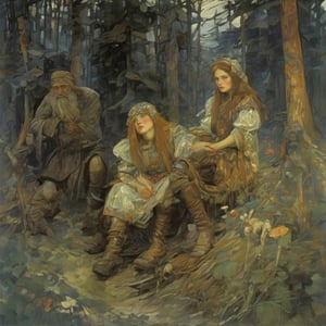 beautiful faces, weird bewildering beautiful Russian fairy tale, painting of rustic folklore subjects, thieves heroes kings peasants beautiful-damsels terrifying-witches enchanted-children crafty-animals, epic cinematic light, bold oil-paint brush strokes, style by Mikhail Vrubel and Viktor Vasnetsov
