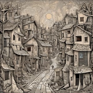 abstract street with houses and people, Neutral Color, boho, strange, weird, unusual surreal, Matte painting, ultra highly detailed woodcarving, luminism, paper art, stained glass , maximalist chaotic, pen and ink,  sharp focus, intricate details, geometric vector style smooth lines, style by Hergé and Jean-Michel Basquiat,Leonardo Style