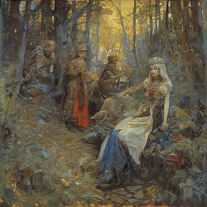 weird bewildering beautiful Russian fairy tale, painting of rustic folklore subjects, thieves heroes kings peasants beautiful-damsels terrifying-witches enchanted-children crafty-animals, epic cinematic light, bold oil-paint brush strokes, style by Mikhail Vrubel and Viktor Vasnetsov