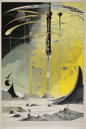 minimalist dream frequency permutations of left-handed thorn-bush,  Quantum chromodynamics chirality, nightmare cartography, frequency bar scale textures, abstract surreal sci-fi,  silkscreened mind-bending illustration; dramatic sci-fi poster art, muted secondary colors, asymmetric, by Graham Sutherland 