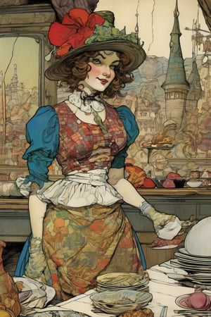 A monstrously  buxom perky waitress her body composed of a patchwork of mismatched fabrics and vibrant colors, style by Arthur Rackham