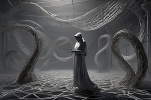 Sinister atmosphere infuses a magic realism scene, wire mesh sculptures twisting into surreal forms, shadows cast elaborate patterns over the backdrop, ambient occlusion adds depth, chiaroscuro enhances the ominous mood, silvery wire reflections glinting, atmospheric fog swirling, eerie silence palpable, digital painting, ultra realistic.