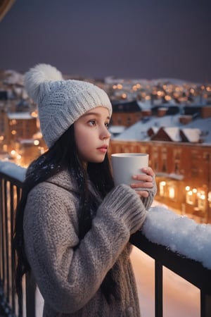 A 12 year old girl with black hair and snow white skin, waring warm clothes and a beanie stands on a balcony, her big cup of coffee a comforting companion in the cold winter air. The city lights twinkle in the background, casting a warm glow on the snowy streets. The brown tones of the buildings add a touch of coziness to the scene, making it feel like a peaceful escape from the bustling city.