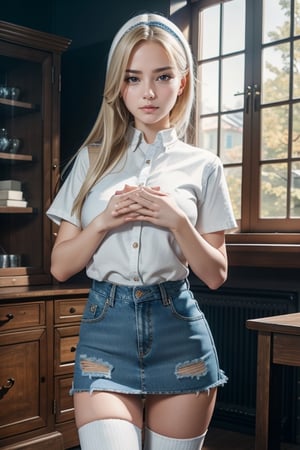 RAW photo,  portrait of a beautiful Russian girl wearing a short denim jeans skirt, thighhighs (high detailed white skin:1.2),  8k uhd,  dslr,  soft lighting,  high quality,  film grain,  Fujifilm XT3,  ((((hands)))