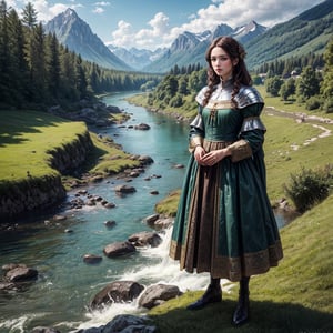 (masterpiece, top quality, best quality, official art), caucasian, woman, wearing a-line dress, standing on a hill of green grass, a river, a mountain in the background, very shiny sun, some clouds, medieval era, photorealism