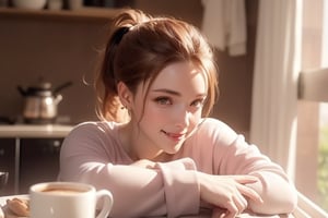 (4k), (masterpiece), (best quality), (extremely intricate), (realistic), (sharp focus), (award winning), (cinematic lighting), (extremely detailed), (epic),

(((1girl))), long hair, ponytail hair, brown hair, honey eyes, cute smile, cute eyes, happy, Wearing pyjamas, morning routine, breakfast, coffee, clean skin, realhands,