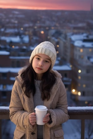 A 12 year old girl with black hair and snow white skin, waring warm clothes and a beanie stands on a balcony, her big cup of coffee a comforting companion in the cold winter air. The city lights twinkle in the background, casting a warm glow on the snowy streets. The brown tones of the buildings add a touch of coziness to the scene, making it feel like a peaceful escape from the bustling city.