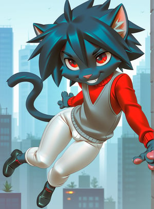 (masterpiece), best quality, ranting_9_up, ranting_8_up, anime:1, furry_source:1, (torso focus, torso potrait), ((miles df)),

1boy, solo, anthro cat boy, small body, child, black blue fur, red eyes, cat snout, cat nose, cat tail, ((jean pants, grey sweater vest, red shirt, , black shoes)), 

jumping pose, floating pose, smiling, looking at the camera

city background, simple city background.