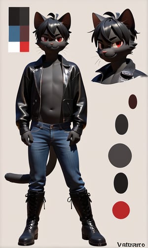 (masterpiece), best quality, 3d, cgi, expressive eyes, score_8_up, score_7_up, (1boy), solo:2, ((source_furry), source_cartoon:0.6), anthro, furry, reference sheet

(((petite body, flatchest, twink)), anthro cat boy, black fur, black chest, black hair, red eyes,

black high neck jacket, belly botton visible, black jeans, black high boots)),

standing pose, looking at the camera, smug smile, pointing at the viewer.