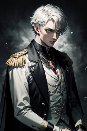 young and beautiful victorian vampire nobleman with short white hair and glowing green eyes, wearing white soldier clothes and a medal with a red gemstone, master pieces, best quality, trend in artstation