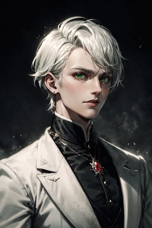 young and beautiful victorian vampire nobleman with short white hair and glowing green eyes, wearing white soldier clothes and a medal with a red gemstone, master pieces, best quality, trend in artstation