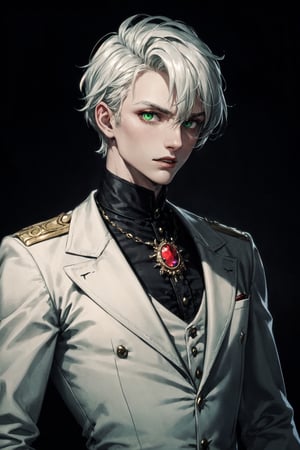 young and beautiful victorian vampire nobleman with short white hair and glowing green eyes, wearing white soldier clothes and a medal with a red gemstone, master pieces, best quality, trend in artstation