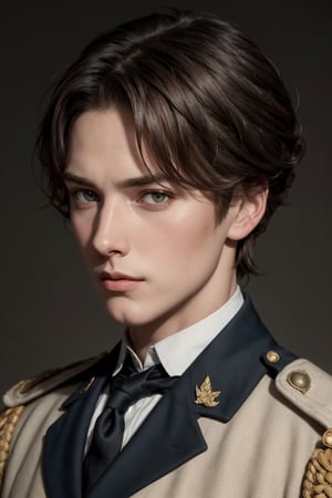 young and beautiful victorian nobleman with brown hair, wearing soldier clothes, master pieces, best quality, trend in artstation