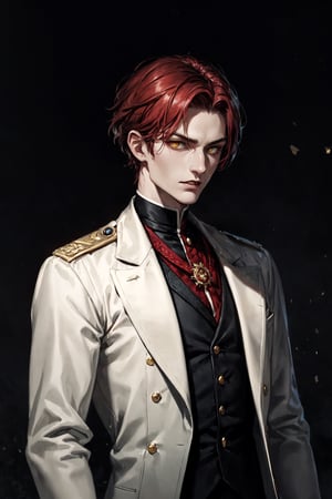 young and beautiful victorian vampire nobleman with short red hair and glowing yellow eyes, wearing white soldier clothes and a medal with a red gemstone, master pieces, best quality, trend in artstation