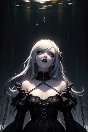 (masterpiece, top quality, best, official art, beautiful and aesthetic:1.2), looking up, villain, evil, gothic dress, smoky eyes, bite finger, female, long silver hair, content, nightmare, horror, scoundrel, black tie, chains, justiciar, vile, black lips, black lipstick, glowing red eyes, rain, ash, tar, prismatic makeup, thick collar, psychotic