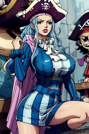 
whitey bay ,one piece ,1 girl, young girl, pirate,striped top ,striped skirt , long hair  , thick lips , blue eyes ,light blue hair, pose , high_resolution, alone, pink_lipstick , huge breasts
