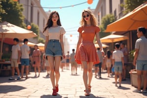 realistic style, two beautiful young women are walking down a crowded public pedestrian street in summer clothes, one is very small one is very tall, very big size difference, niji style