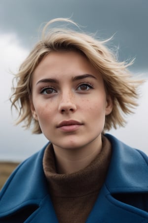 low-angle half body  photo of a young  caucasian  woman  with blond short hair and brown eyes in a (cloudy and windy day : 1.5), with a blue coat, 35mm. lens, sharp focus,(watching in camera:1.2), light freckles,photo real,detailmaster2,photo r3al