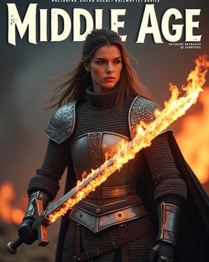 magazine cover with  bold text "Middle Age" featuring a warrior woman in chainmail armour weilding a flaming sword. She is a fierce warrior on the battlefield, Street photography, Low angle, Natural lighting no mutations, bad anatomy, bad hand