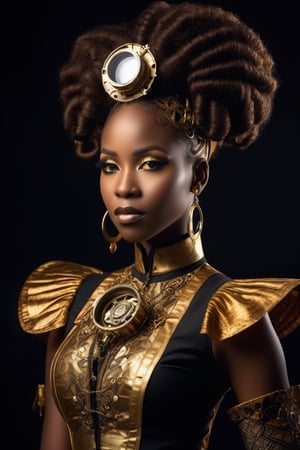 Half-body over the shoulder shot of an black african woman standing, african hairstyle, black eyes, golden eyeshadow:1.2, elaborate steampunk-inspired outfit, combining Victorian fashion with futuristic elements dress, studio shot, (black backgound: 1.8), volumetric lighting, prime lens, rich skin texture, higly detailed, masterpiece