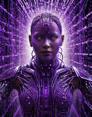 Commercial photography, powerful explosion of purple dust,Hyper-realistic portrait  of hyperdimensional artificial humanoid cyborg made of electrical wires and steel pipes, made by binary code lines,beautiful intricately detailed, with regularly textured bioluminescent skin, (vertical lines of purple movie matrix code:1.4),cyborg style