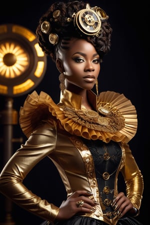 Half-body over the shoulder shot of an black african woman standing, african hairstyle, black eyes, golden eyeshadow:1.2, elaborate steampunk-inspired outfit, combining Victorian fashion with futuristic elements dress, studio shot, (black backgound: 1.8), volumetric lighting, prime lens, rich skin texture, higly detailed, masterpiece