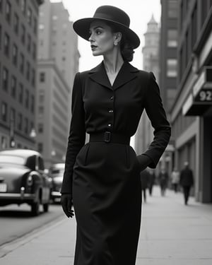 In croudwy street of New York in 1940 an elegant woman walks on the sidewalk, wearing an elegant black tayeur with a paired wide-brimmed hat the head is turned slightly on her left, with the gaze turned elsewhere.
The hairdo and makeup are 1940s style