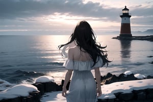 1girl, solo, long hair, wavy hair, messy hair, dark brown hair, parted hair, pale skin, paleskin, white dress, short dress, ocean, from_behind, viewed_from_behind, winter, snow, High detailed, ultra res, perfect, sundress, from back, perfect, viewed from behind, ice, frozen sea, cold, lighthouse, off the shoulder dress, gray skies, grey sky, overcast, 