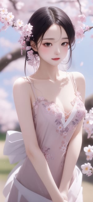 A 16-year-old Japanese beauty,in the sakura flowers.Turn slightly,iris purple dress, white hair 