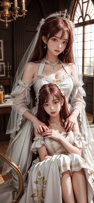 2 princesses talking, inside a castle with red hair, perfect bodies, very detailed image, light contour, mix of fantasy and realism, hdr, ultra hd, 4k, 8k,SeeThrough,byrs \(manaka nemu\),SUZUKA NAKAMOTO,white dress,JeeSoo ,wonder of beauty, beautiful girl,Realistic,a girl