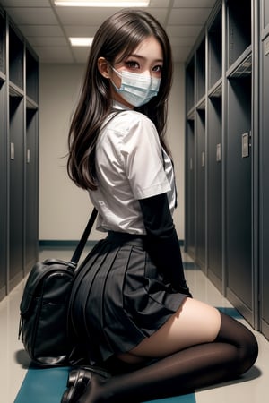 A girl, Ava, sits on the floor of a school hallway, surrounded by lockers and fluorescent lights casting a soft glow. The crisp white shirt with a striped necktie and black pleated skirt create a striking contrast against the neutral background. Her long, dark hair flows down her back, framing her features as she gazes ahead. Thigh-high socks and a backpack sit beside her, adding to the eclectic charm. A surgical mask covers her mouth, adding an air of mystery to this Zettai Ryouiki-inspired outfit.