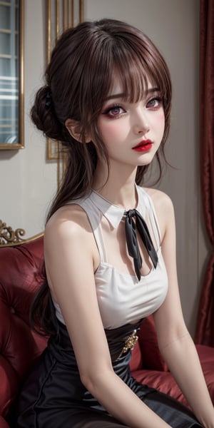 female,(masterpiece, best quality, ultra detailed, absurdres)1.5,white shirt black dress neck ribbon,1girl short hair,Slightly raised lips, dark red lipstick, beautiful and delicate eyes, extremely delicate and beautiful girl, cute, extremely delicate face, beautiful face, beautiful and delicate hair, very aesthetic,demonictech, red hair, bangs, sitting, from_behind, looking_at_viewer
