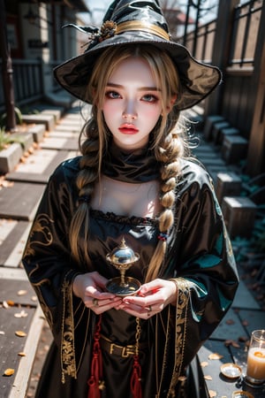 overhead angle shot,Red eyes, evil, golden, shiny, gold hair,High detailed ,midjourney,perfecteyes,Color magic,urban techwear,hmochako,better witch,witch, witch,Long hair ,long hair