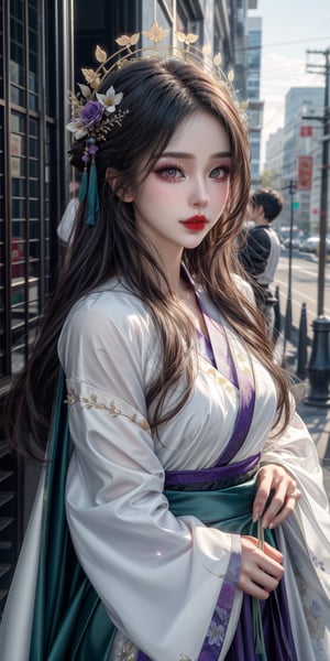 1 girl, solo,Slightly raised lips, dark red lipstick, beautiful and delicate eyes, extremely delicate and beautiful girl, cute, extremely delicate face, beautiful face, beautiful and delicate hair, very aesthetic, long white hair, shiny green eyes, detailed eyes, blink and youll miss it detail, silk hanfu, white robe hanfu, purple glittering butterflies, outdoors, flower garden, high quality, ancient chinese hanfu, floral background, very detailed