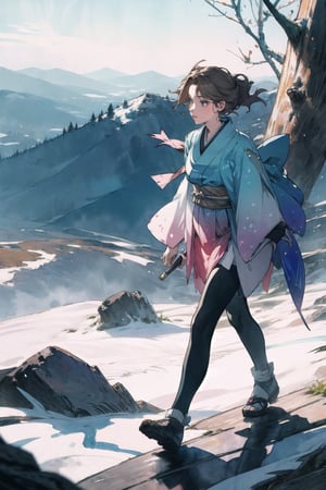 1girl,   walking in a beautiful mountain 
syphabelnades,amano yoshitaka, 
watercolor  Gradient mastery, 
