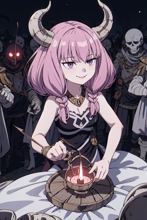 1girl ,  smile,   aura the guillotine   horns, shadows 
summoning undead soldiers, 
souls 
,(best quality