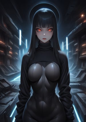 1girl ,  realistic face, black hair 
straight hair
turtleneck
wide shot
glowing circuit 
 
sci-fi
by 
H. R. Giger
dark horror
perspective 

   masterpiece best quality

