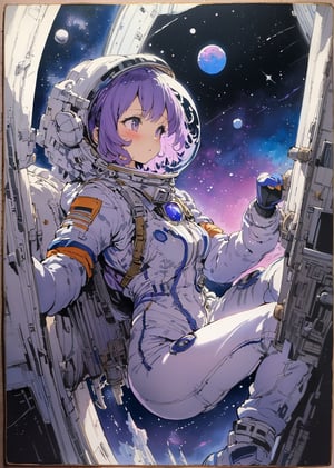 by John Berkey 
traditional media
1girl, looking at the window of her space station space suit blue and violet nebula,  
masterpiece best quality 