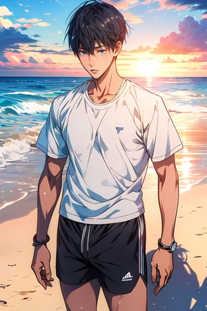 (1boy)  , sunrise, beach, taned skin,  , (masterpiece, high quality:1.4), 
nanase_haruka
shadows, rim light 
 shorts