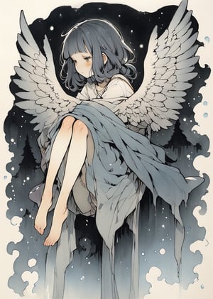 illustration by  victo ngai 
traditional media
1girl
angel, sad,  bangs, holding legs, hiding in her wings,
 eldritch horror 
masterpiece best quality

