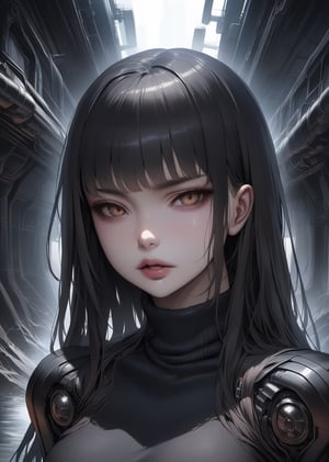 1girl ,  realistic face, black hair 
straight hair
turtleneck
 
 
sci-fi
by 
H. R. Giger
dark horror
perspective 

   masterpiece best quality

