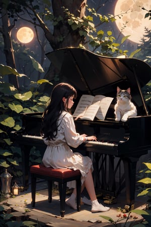   
 a  girl playing Piano at Night in a Forest moon light, 
a cat sleeping on the piano
  masterpiece, 