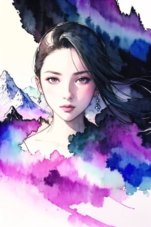 1girl,  detailed face, floating  a beautiful mountain 
 ,amano yoshitaka, 
watercolor  , sketch 