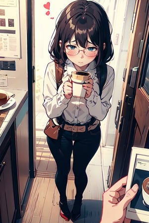 1girl (thick frame glasses),  blush, shy,
POV, dating,   coffee cup, full body,