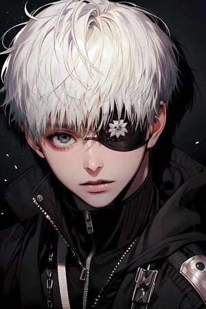 (1boy),     shadows, rim light , 
ken_kaneki,  white hair,  crazy look, black eyes, eyepatch, , sci-fi

(masterpiece, best quality:1.2),  