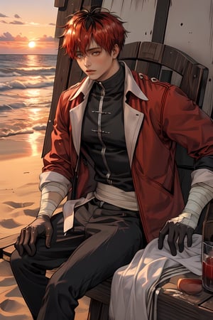  (1boy),  beach, sunset, shadows, rim light , 
red jacket, black shirt, white sash, black pants, bandages, gloves
skin tan
(masterpiece, best quality:1.2), ,StarkFrieren