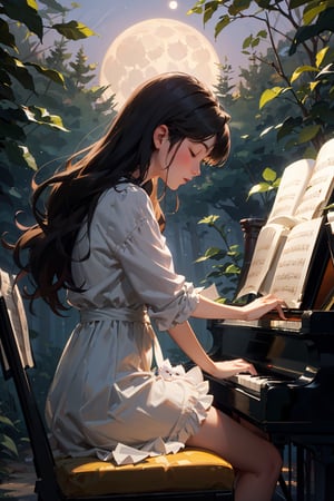   
 a  girl playing Piano at Night in a Forest moon light, 
a cat sleeping on the piano
  masterpiece, 